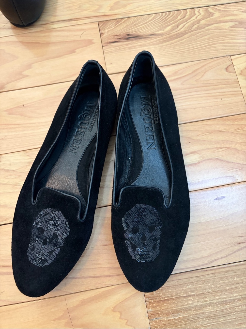 Black Suede Skull-Embellished Ballet Flats